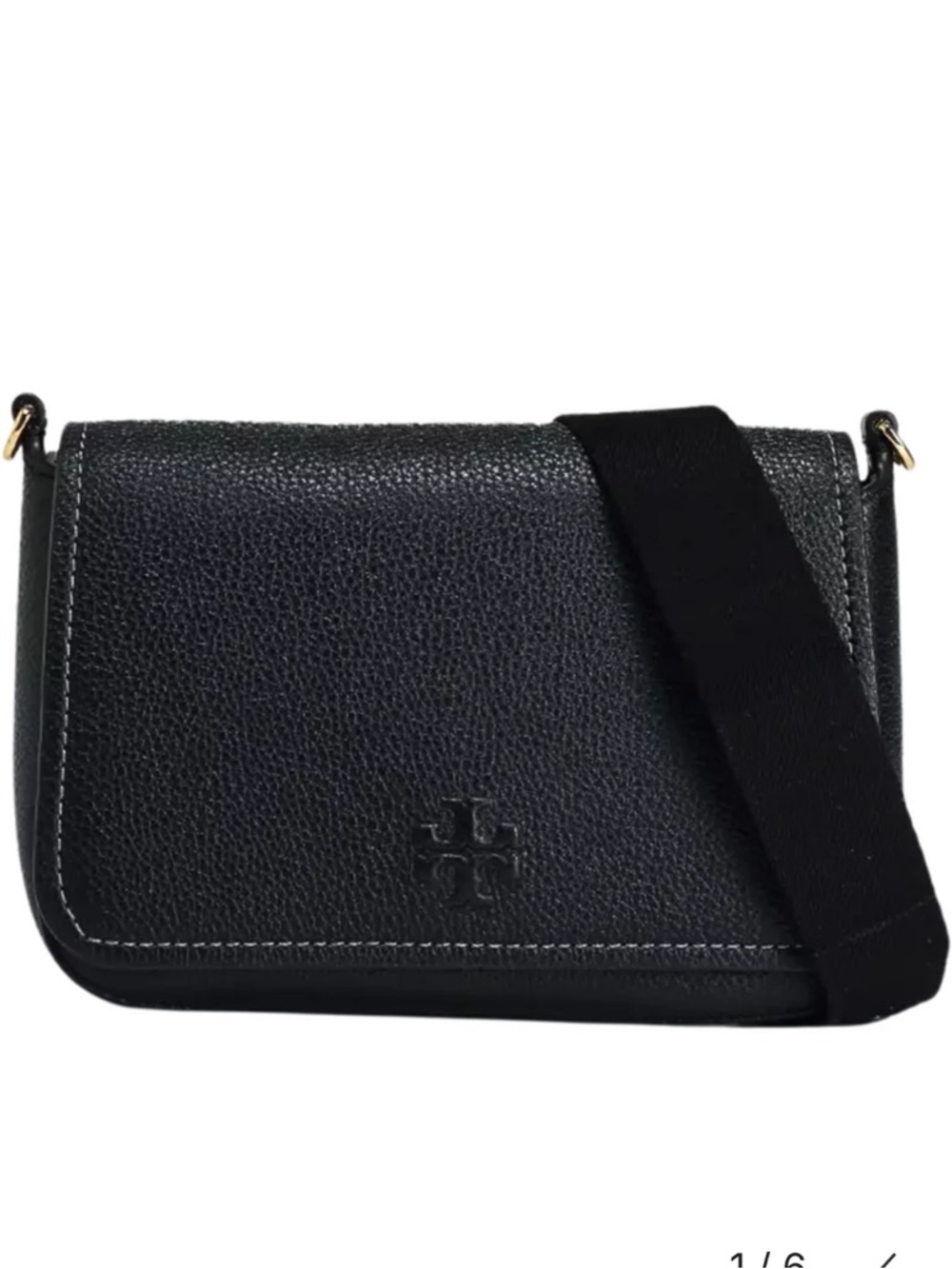 Tory Burch Black Pebbled Leather Flap Crossbody with Wide Strap